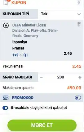 Mərc kuponunda promokodun aktivləşdirilməsi